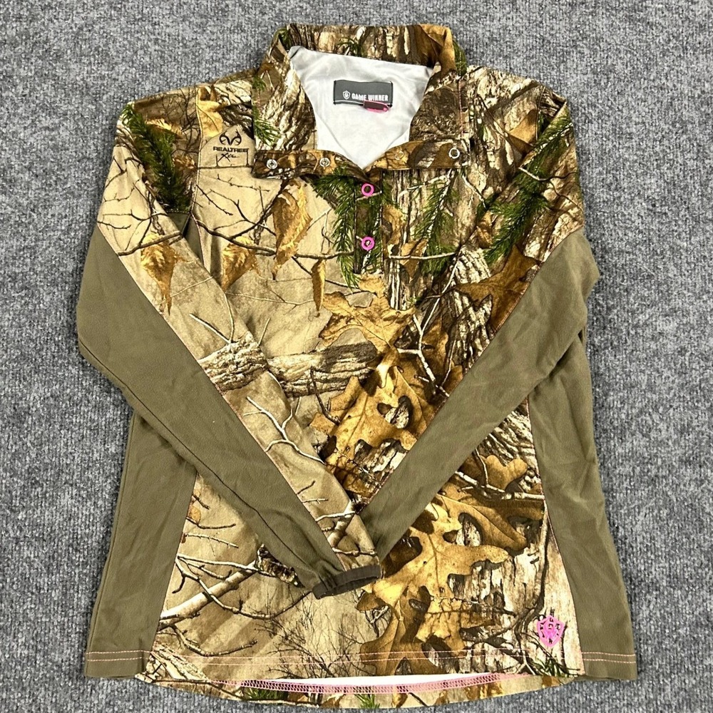 Game Winner Shirt Womens Size S Realtree Xtra Camo Pink Snap Neck Hunting Top